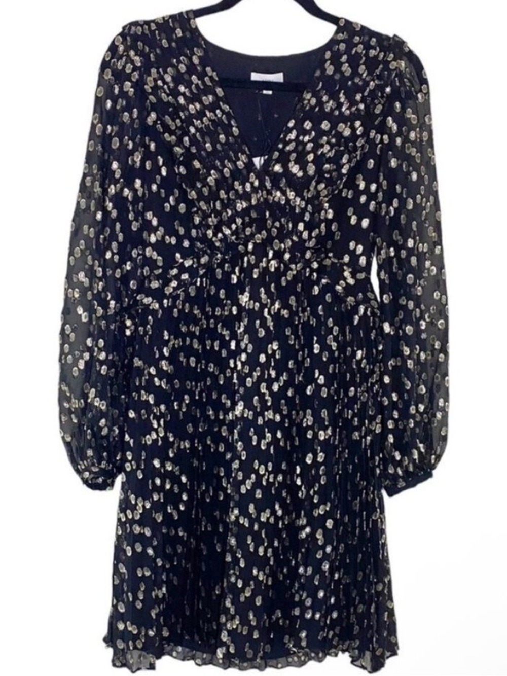 NWT $258 Black Silk Chiffon Long-sleeved Dress with Gold Accents